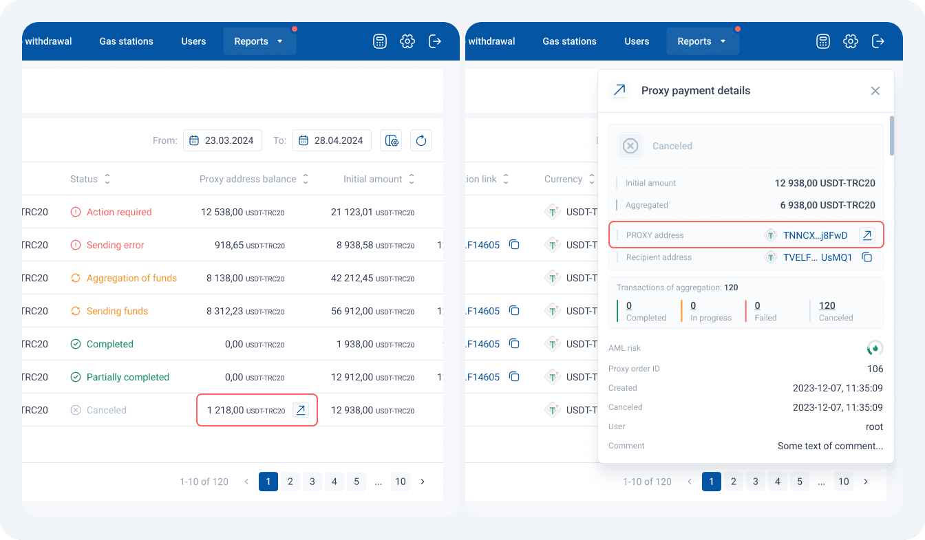 The column "Proxy address balance" with a withdrawal button, and the withdrawal button replaces the tooltip in "Proxy payment details" if the payment is canceled and the balance is non-zero.